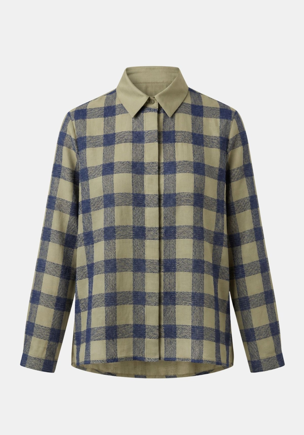 Plaid shirt with green and blue pattern on a white background