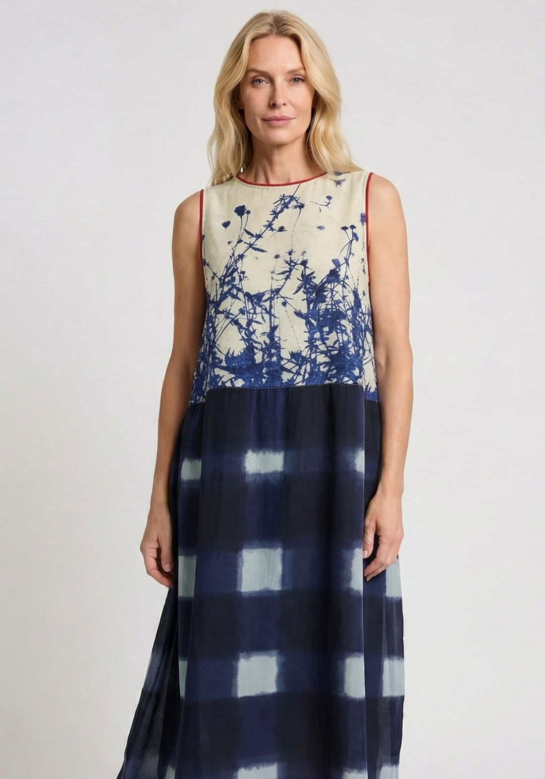 Dress Poppy Round Neck Watercolour Checks Indigo