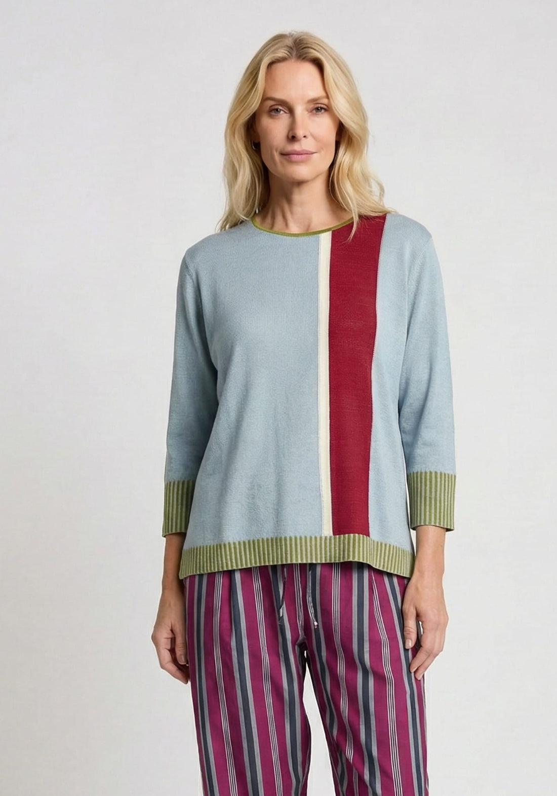 Top Key Round Neck Stripe Jadeite